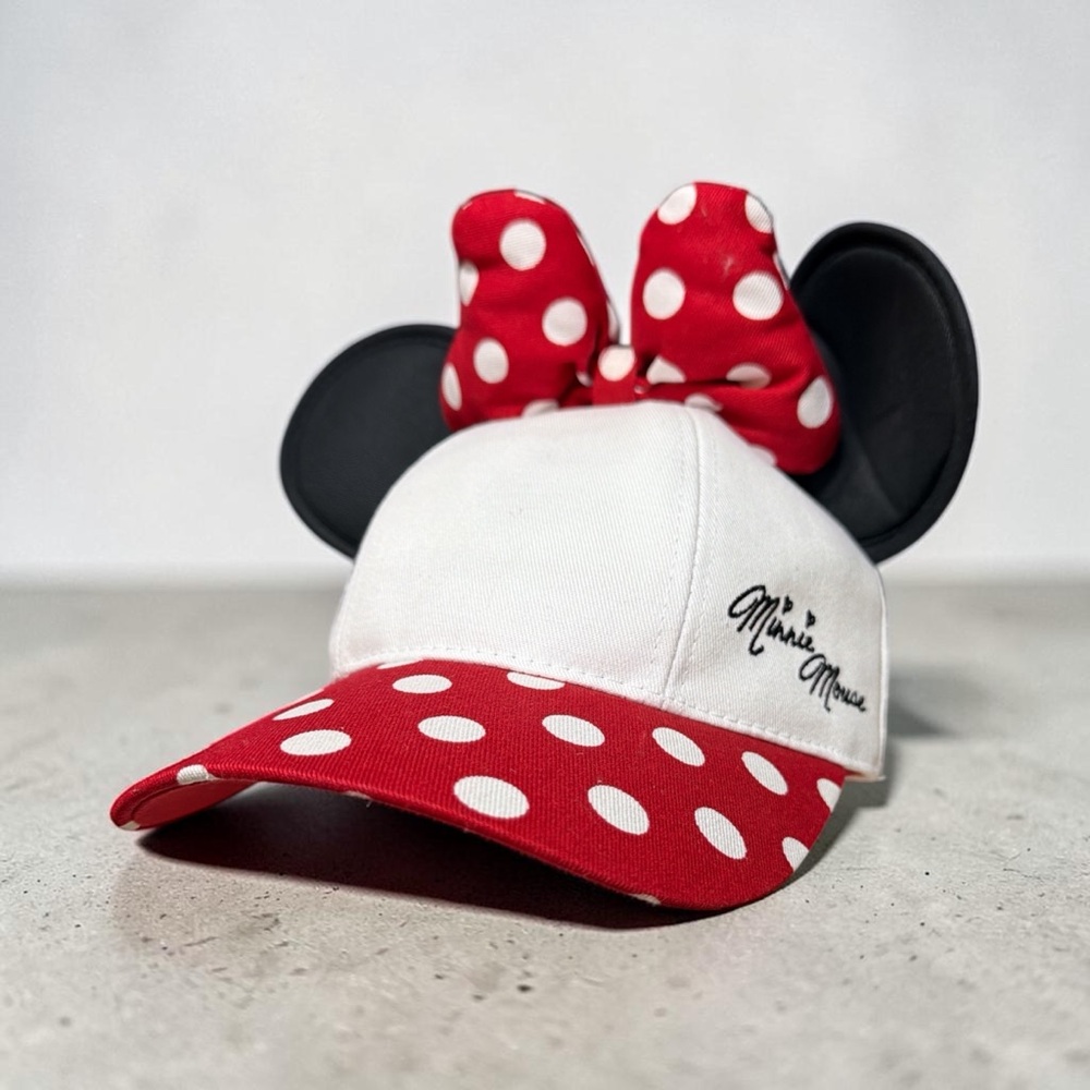 Disney Minnie Mouse Red White Polka Dot Bow Ear Adult Baseball Cap.  NWT